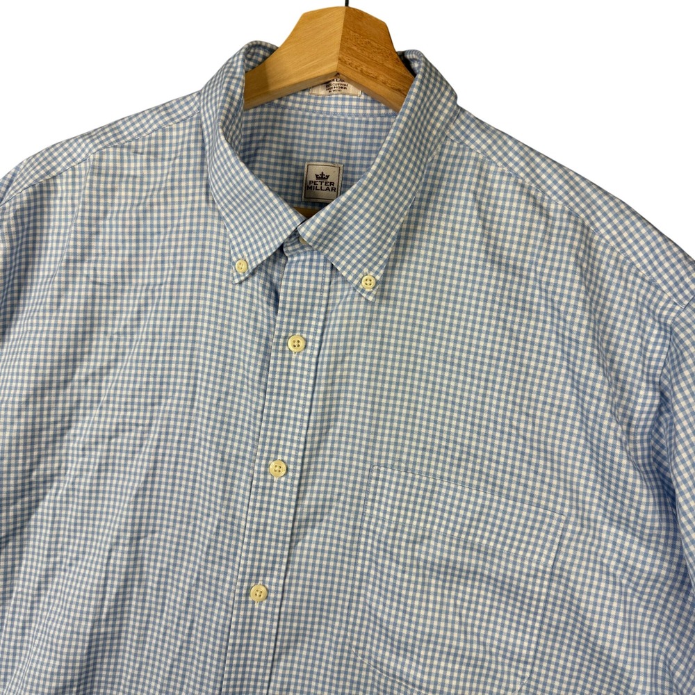 Peter Millar Nanoluxe Easycare Gingham‎ Button Down Shirt Mens XL Blue White